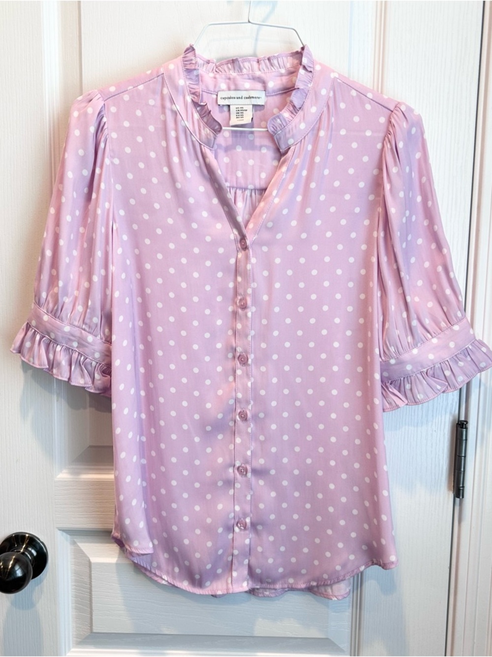 Cupcakes & Cashmere Lilac Pink Polka Dot Ruffle Half Sleeve Button Up Blouse XS